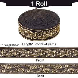 FINGERINSPIRE 10 m 25 mm Black Vintage Jacquard Ribbon Ethnic Style Woven Border with Floral Pattern Jacquard Gold Vine on Ribbon Border for DIY, Sewing, Crafts, Home Decoration
