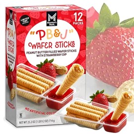 Peanut Butter Rolled Wafer Sticks | PB & Jelly Filled Wafer Sticks with Strawberry Dip | Grab & Go Individually Wrapped Packs | School Snack Party Appetizer Holiday Gift (12 Packs, Strawberry Dip & Wafer Sticks)