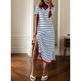 Dokotoo Maxi Dresses for Women 2025 V Neck Short Sleeve Striped Split Resort Wear for Women Fashion Vacation Outfits for Women Sky Blue Large