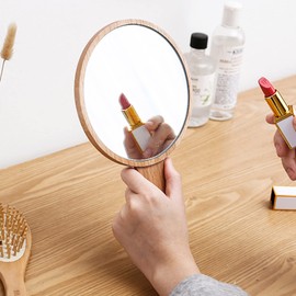 DYRABREST Handheld Makeup Mirror with Handle, HD Beauty Round Mirror with Wooden Frame, Salon Hairdress Makeup Hand Mirror