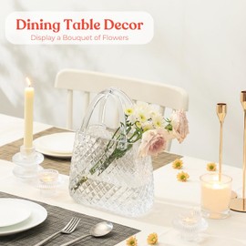 PORPAN Purse Vase, Glass Bag Vase, Glass Purse Vase for Flowers, Clear Glass Vase, 12 Inch Large Glass Flower Vase with Embossed Pattern for Wedding, Living Room, Bedroom, Table, Office(Round)