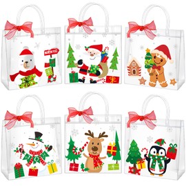 YIDAKO 48 Pcs Christmas Clear Gift Bags Plastic Totes Bags With Handles Bow Ribbon For Candy Treat Goodie And Party Favors Elk Snowman Santa Gift Bags For Christmas Decorations, 7.8 * 7.8 * 3.15 inch