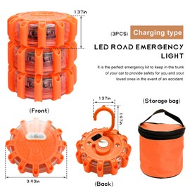 SHMZK 3 PCS LED Road Flares, Flashing Warning Light Emergency Disc Beacon with Magnetic Base & Hook, 9 Flash Modes Roadside Flare Safety Light for Most Vehicles, Car Accessories (Rechargeable)