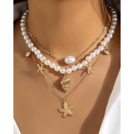 Gold Shell Necklaces for Women Layered Seashell Starfish Necklaces Adjustable Cowrie Conch Shell Pearl Beaded Choker Summer Beach Jewelry Accessories for Her