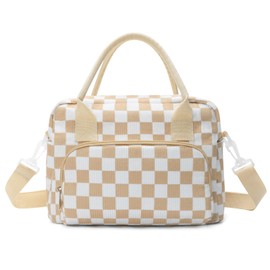 Lunch Bag, 9L Small Picnic Bag, Bento Bag, Reusable Carry Bag, Fabric, Bento Boxes Insulated Bag, Lunch Bag for Work, School, On the Go (Khaki Check)