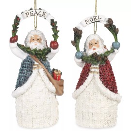 Roman Knit Look Santa w/Holly Wreath Ornament SET/2 Peace & Noel Resin 1.75x1.5x5H