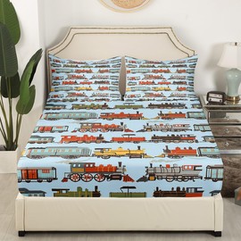 Train Kids Fitted Sheet Twin Size,Cartoon Choochoo Steam Engine Train Bedding Set,Boys Girls Room Decor,Railway Transportation Vehicle Bed Cover,Blue Boho Bed Sheet,1 Pillowcase