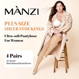 MANZI Women's Plus Size Pantyhose 4 Pairs Ultra Sheer Nylon Tights Nude XXXXL