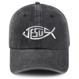 MOLIAN Jesus Christian Fish Embroidered Baseball Cap for Men Women - Adjustable Cotton Washed Dad Hat Black