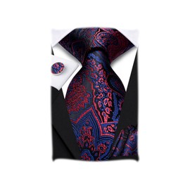 Hi-Tie Silk Paisley Ties for Men Necktie Pocket Square Cufflinks Set Foral Tie Sets Formal Business,Navy and Red Floral