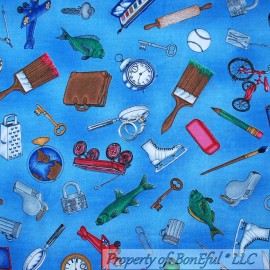Signature BonEful Fabric FQ Cotton Quilt Blue School Teacher Clock VTG Airplane Bike Fish