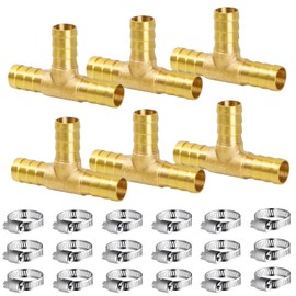 Hose Connector 10 mm Brass, 6 Pieces Brass Hose Connector T Piece with Clamps, for Air Line, Water Pipe, Fuel Line, Oil Line