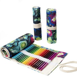 Misgirlot Pencil Roll Wrap,Drawing Coloring Canvas Pencil Roll 36/48/72 Slots Artist Pencil Wrap (Pencils Are NOT Included) Pencils Pouch Case Canvas Stationery(Ink Painting,36 Slots)