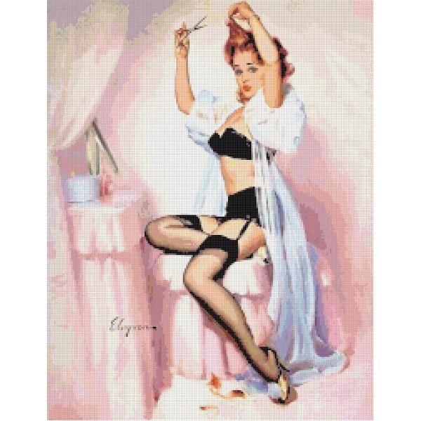 handmade 1950s Retro Vintage Pin-Up Cutting Her Hair Counted Cross-Stitch