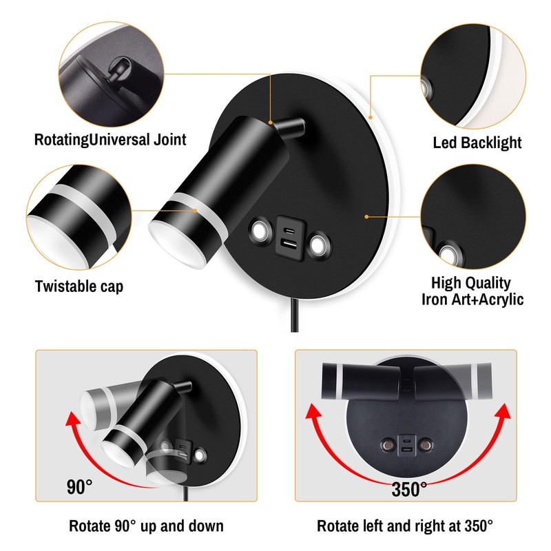 ERAY Wall Mounted Reading Light, Adjustable Wall Sconces with USB