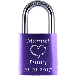 ♥ Love Goals Engraved Love Padlock with Engraving | Individual | Ideal Gift for Lovers & Couples | High-Quality Gift Packaging | Lock with 2 Keys | Anodised | M014 | Colour: Green, Blue, Red & Purple, purple