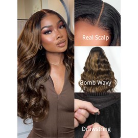Nadula Balayage Ombre V Part Yaki Wavy Drawstring Wigs Human Hair No Leave Out Upgrade U Part Wig,Glueless Highlight V-part Wavy Wig with Flip Out Bangs Ready to Go Vpart Wig 150% Density 24inch