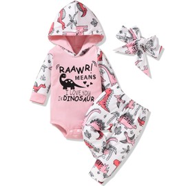 MINIFEIKO Preemie Baby Girl Clothes Dinosaur Long Sleeve Hoodie Romper Bodysuit And Pants With Heaband 3Pcs Premature Girls Fall Winter Outfit Set(Pink Dino,Preemie)