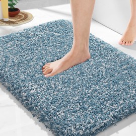 Yimobra Bathroom Rugs Non Slip Washable 24x17, Ultra Soft and Water Absorbent Bath Mats, Plush Fluffy Shower Mat Outside, Microfiber Thick Matts for Bathroom Floor/Sink, Denim Blue and White