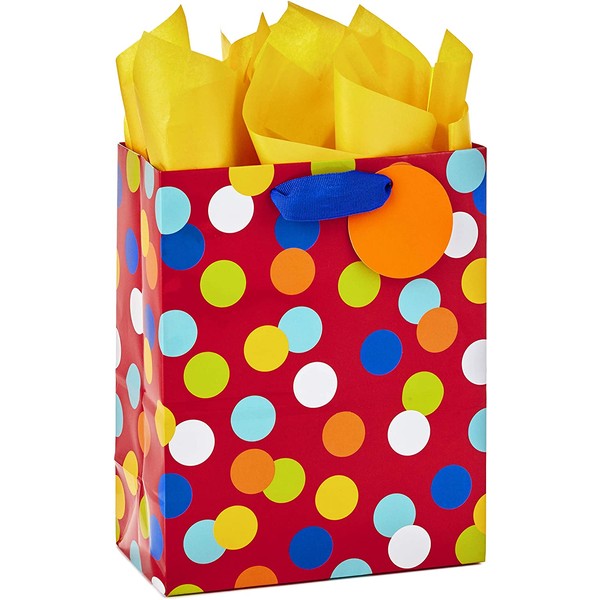 Hallmark 9" Medium Gift Bag with Tissue Paper (Red with Blue, White, Orange, Yellow Polka Dots) for Christmas, Holidays, Birthdays, Baby Showers, Kids Parties or Any Occasion