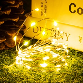 SINAMER Fairy Lights Battery Operated, 8 Modes & Auto timer, Warm White 16FT 50Led Mini Twinkle Silver Wire Lights Mason Jar Lights, Waterproof Starry Firefly Lights for Wedding Tree Christmas Parties