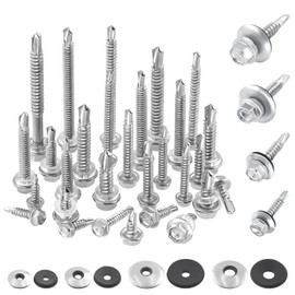 Swpeet 70Pcs 410 Stainless Steel #10 x 1-1/2" Hex Washer Head Self Drilling Screws with Stainless Steel #10 x 1/2" Neoprene EPDM Bonded Sealing Washers Gasket Kit, Self Tapping Sheet Metal Tek Screws