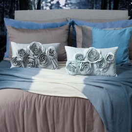 JWH Decorative 3D Rose Flowers Throw Pillow Cover Soft Velvet Accent Cushion Rectangle Shape Pillow Case Bed Couch Living Room 12x20 Inches (Teal)