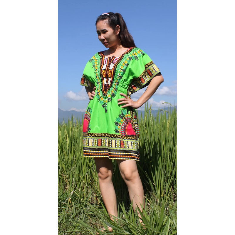 raanpahmuang Coloured Dashiki Camisa elástica Pull en cintura abierto collar,