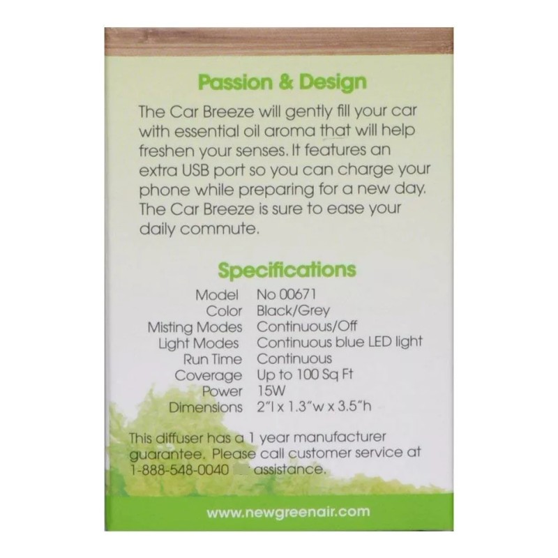 Greenair Carbreeze Negro Con Gris Esencial Difusor De Aceite