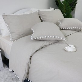 Boho 3Pcs Duvet Cover Set Queen Size Bohemian Bedding Set Vintage Pom-Fringe Pompom Quilt Cover 100% Washed Cotton Baby Teen Grey+White Pom