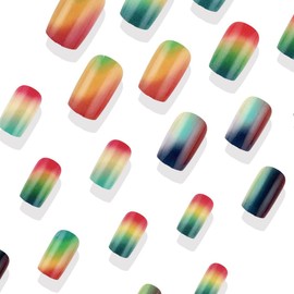 Press on Nails Square Colourful Ombre Chrome Spring Handmade Gel Glue on Nails, 24Pcs Glossy Reusable UV Finish Fake Nails Acrylic False Nails Manicure Kits for Women