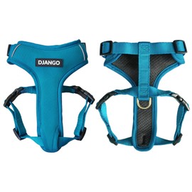 DJANGO Adventure Dog Harness - Stylish & Durable Large Dog Harness for Outdoor Adventures and Everyday Wear - Pacific Blue Neoprene Adjustable Harness for Dogs with Reflective Piping, Brass D-Ring