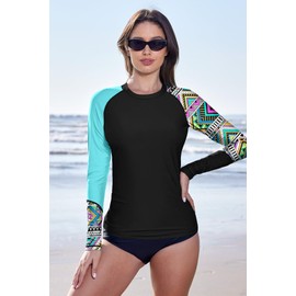 BesserBay Lady Summer SPF UPF Uv Rashguard Surf Sun Sunproof Bathing Suit Black Aqua Aztec M