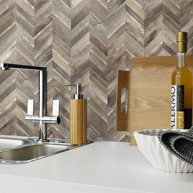 STICKGOO 10-Sheet Herringbone Tile Peel and Stick Backsplash, Faux Wood