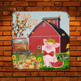 Fall Gift Thanksgiving Wall Decor Metal Sign Farm Barn Sunflower Red Truck Hello Fall Pig Metal Tin Sign Autumn Retro Aluminum Metal Signs for Bedroom Yard Garage Garden 12x12in