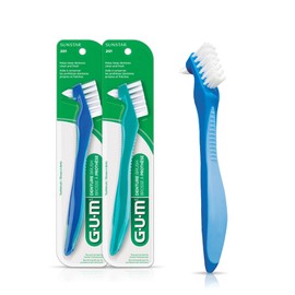 GUM Denture Brush - Dual Headed Hard Bristle Toothbrush for Dentures & Acrylic Retainers - Dentist Recommended Denture Cleaner 1ct (Pack of 2)