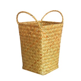 STOBAZA Toy Storage Basket Handmade Straw Basket Handles Rattan Basket for Home Dorm Bathroom Yellow Small 12x12x16cm