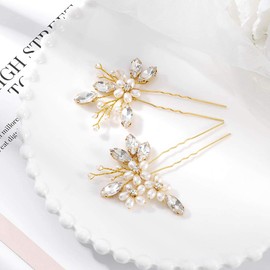 IYOU Bridal Wedding Hair Pins Silver Crystal Headpieces Pearl Hairpin Sparkly Rhinestones Hair pieces Flower Bride Hair Accessories for Women and Girls (Pack of 2) (gold)