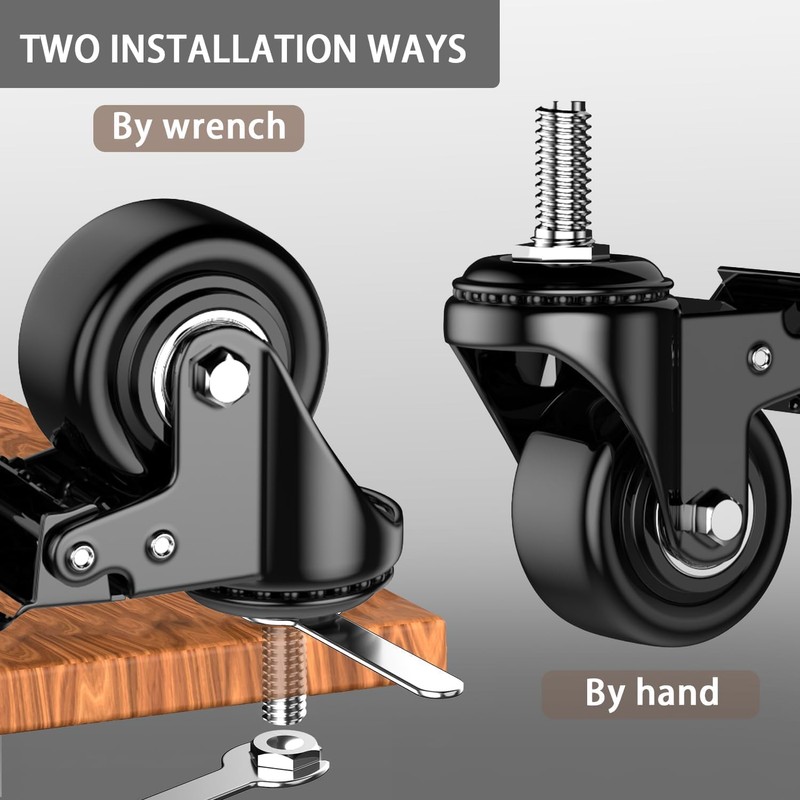 2 Inch Caster Wheels, Swivel 3/8" Threaded Stem Casters Set
