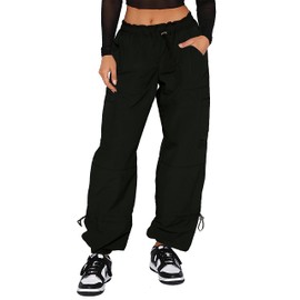 Waitfairy Cargo Pants Women Drawstring Elastic Waist Baggy Parachute Pants Woman Y2K Bottoms with Multiple Pockets Black M