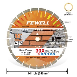 FEWELL14 Inch Diamond Concrete Saw Blade,15mm Segment Concrete Blade for Bridge Saw Dry/Wet Cutting Concrete Masonry Brick Block Stone with a 1"-20mm Arbor