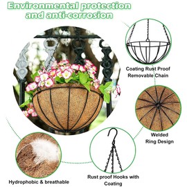 GWY Hanging Planter Baskets, 3 Packs 10 Inch Metal Wire Plant Holder with Coconut Coir Liner and Black Chain for Porch Pot Hanger Garden Decoration Indoor Outdoor Plant Flower Pot, Up to Load 20 Lbs