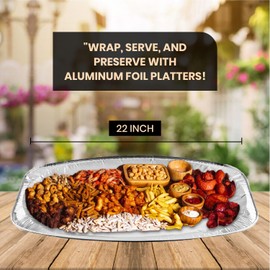 HOMESHOPA Aluminum Foil Disposable Oval Serving Platter 22 Inch, 20 Pack Silver Embossed Foil Food Trays, Oven and Food Safe, Lightweight Reusable Catering Plate for Party, Buffet