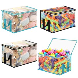 4 Pack Large Clear Storage Organizer Bags with Zipper, Reusable Clear Plastic Bins with Handle Organizer for Playroom Blocks Stuffed Animals Clothes Storage