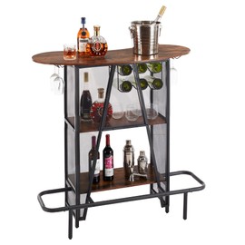 VECELO Bar Unit with Metal Mesh Front, 3-Tier Wine Rack Table with Glasses Holder, Home Liquor Cabinet with Storage and Footrest for Living Room, Kitchen, Brown