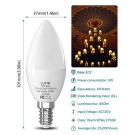 LUTW E12 Candelabra LED Light Bulbs 40 Watts Equivalent, 450 Lumen Type B LED Chandelier Light Bulbs, Warm White 2700K Non-Dimmable B11 Ceiling Fan Bulb, 6 Pack