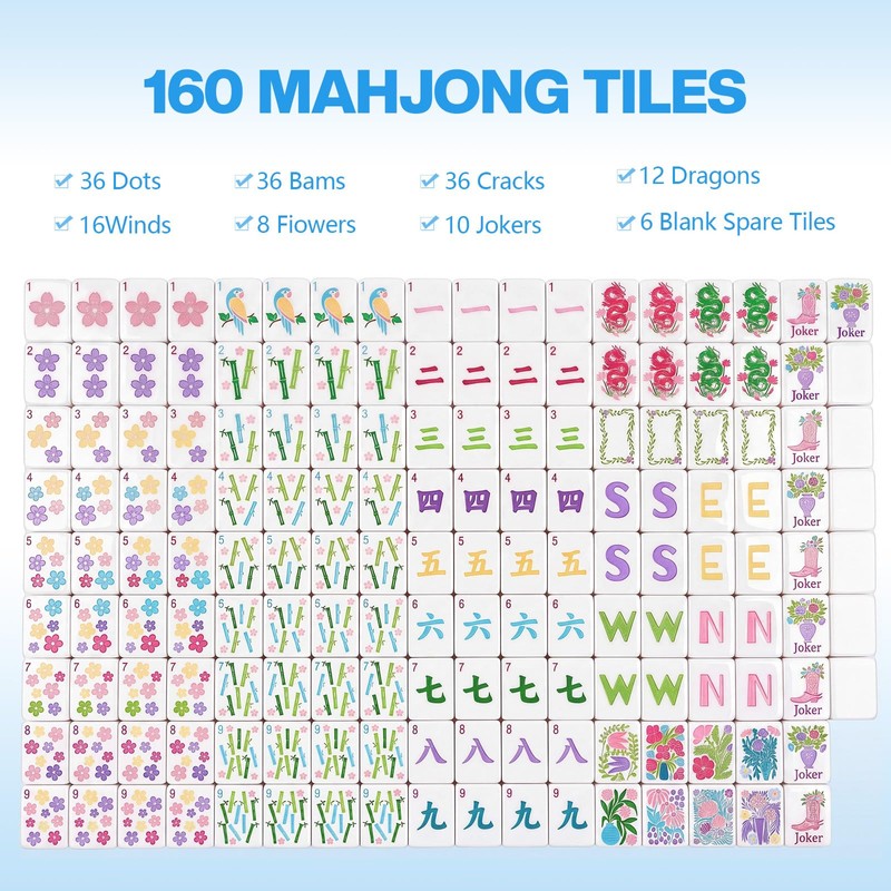 Simgoing American Mahjong Tile Set, 160 Blossom Numbered Engraved Melamine