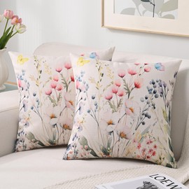 HomeStilez Cushion Cover 45 x 45 cm Spring Modern Waterproof Linen Colourful Wild Flowers and Butterflies Sofa Cushion Decorative Cushion for Sofa Bedroom Outdoor Set of 2