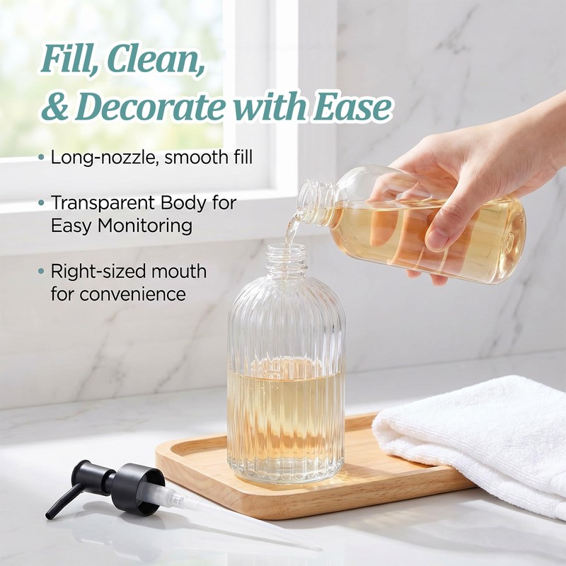 4 Pack Glass Soap Dispenser 14 oz, Refillable Clear Pump