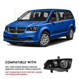 TUSDAR Headlight Assembly Set for 2008-2016 Chrysler Town & Country / 2011-2020 Dodge Grand Caravan Headlamp Driver and Passenger Side Black Housing & Clear Reflector Bulbs Included